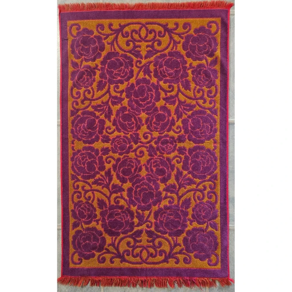 Vintage Fieldcrest Purple Gold Red Floral Fringed Bath Towel Cotton USA 40x25